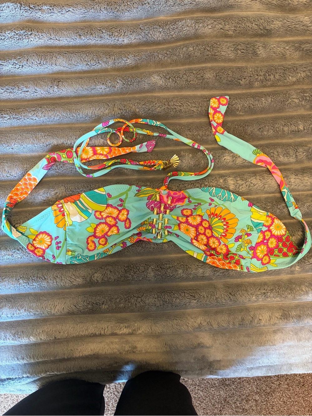 Trina Turk Turquoise Floral Bandeau Bikini Top with Halter Tie